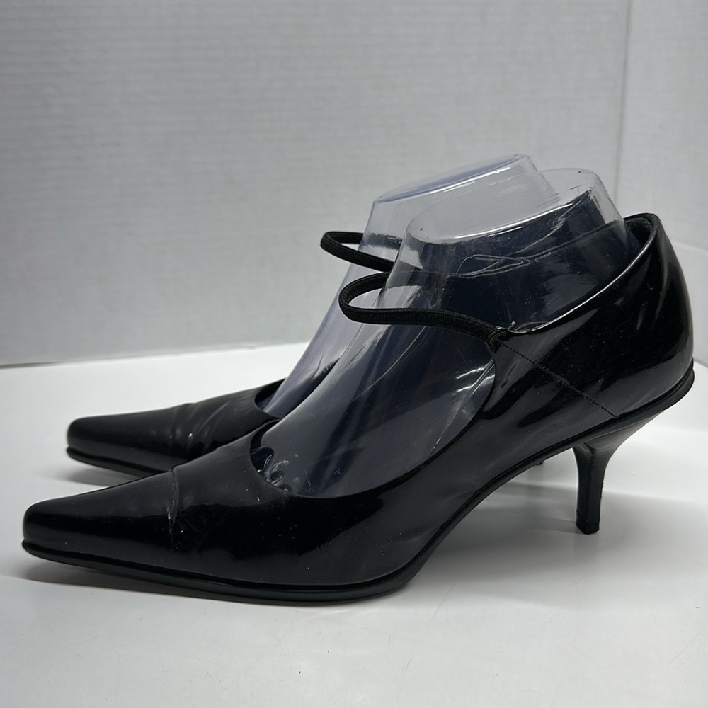 Prada Black Patent Leather Pointed Toe Kitten Heel Pumps